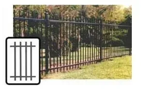 Black metal fence along a grassy yard with a small fence icon inset in the corner