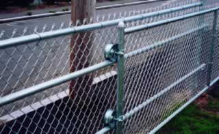 Chain-link fence along a roadside with metal posts and green grass nearby