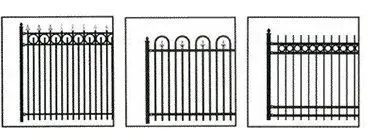Three black metal fence designs with vertical bars and decorative tops shown side by side