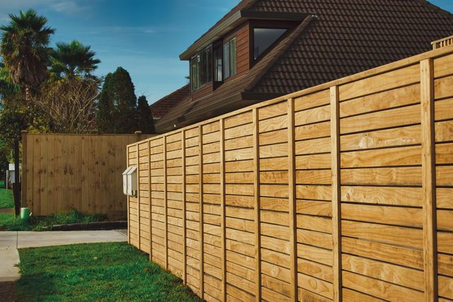 Wooden privacy fence beside a house and green lawn in a suburban yard