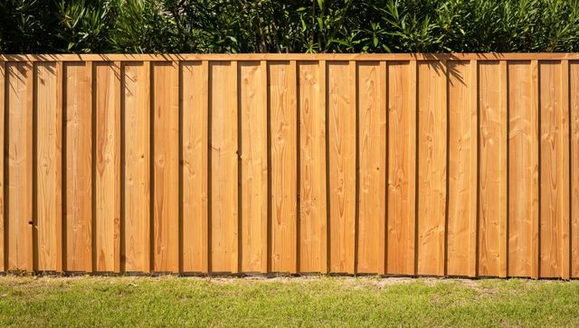 Wooden backyard fence with vertical slats, bordered by green grass and trees above