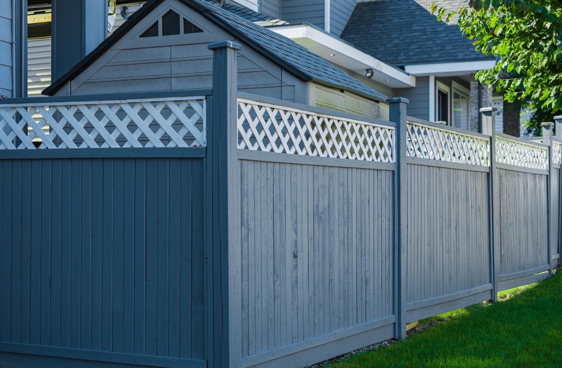 Blue wooden fence with white lattice panels beside a house and green lawn