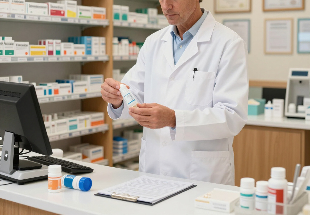 Pharmacist in white coat labeling medicine bottles at a pharmacy counter with computer and shelves of medication behind him