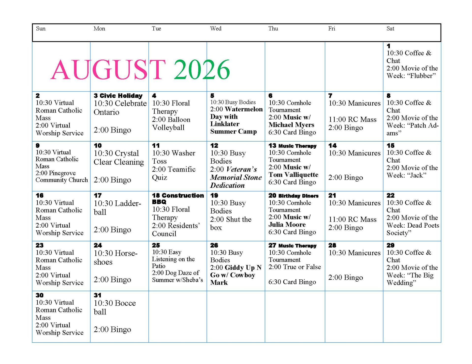 May 2026 monthly calendar with pink header and densely filled event notes.