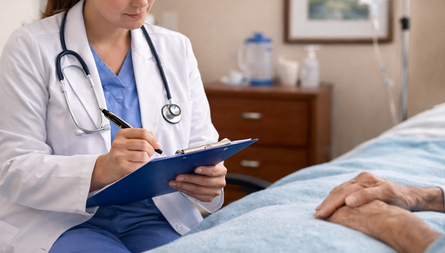 Doctor in white coat taking notes on a clipboard beside a patient's bed