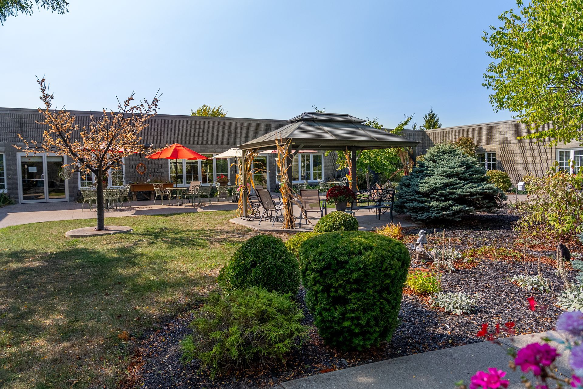 Outdoor courtyard garden with patio umbrellas, pergola seating, and landscaped shrubs in front of a building