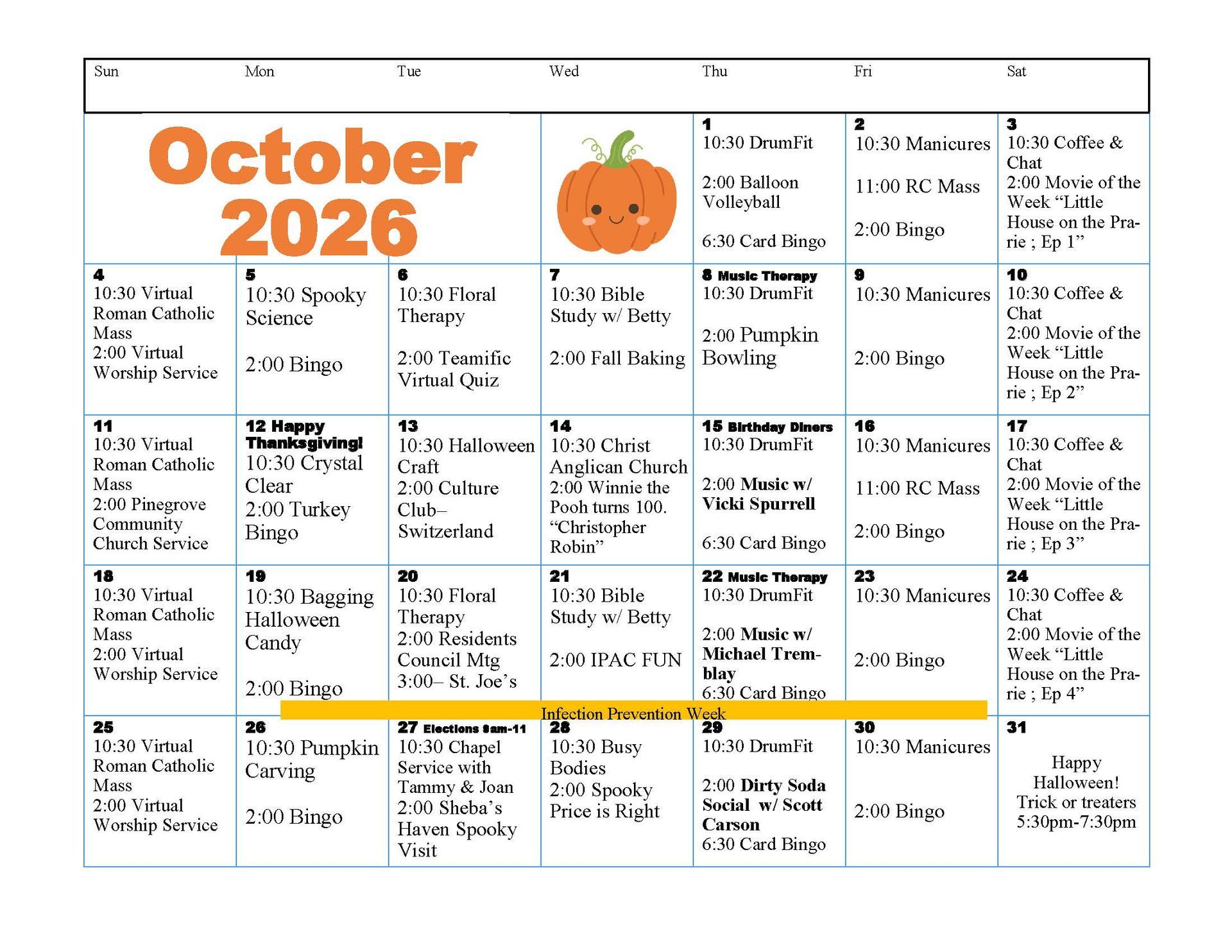 May 2026 monthly calendar with pink header and densely filled event notes.