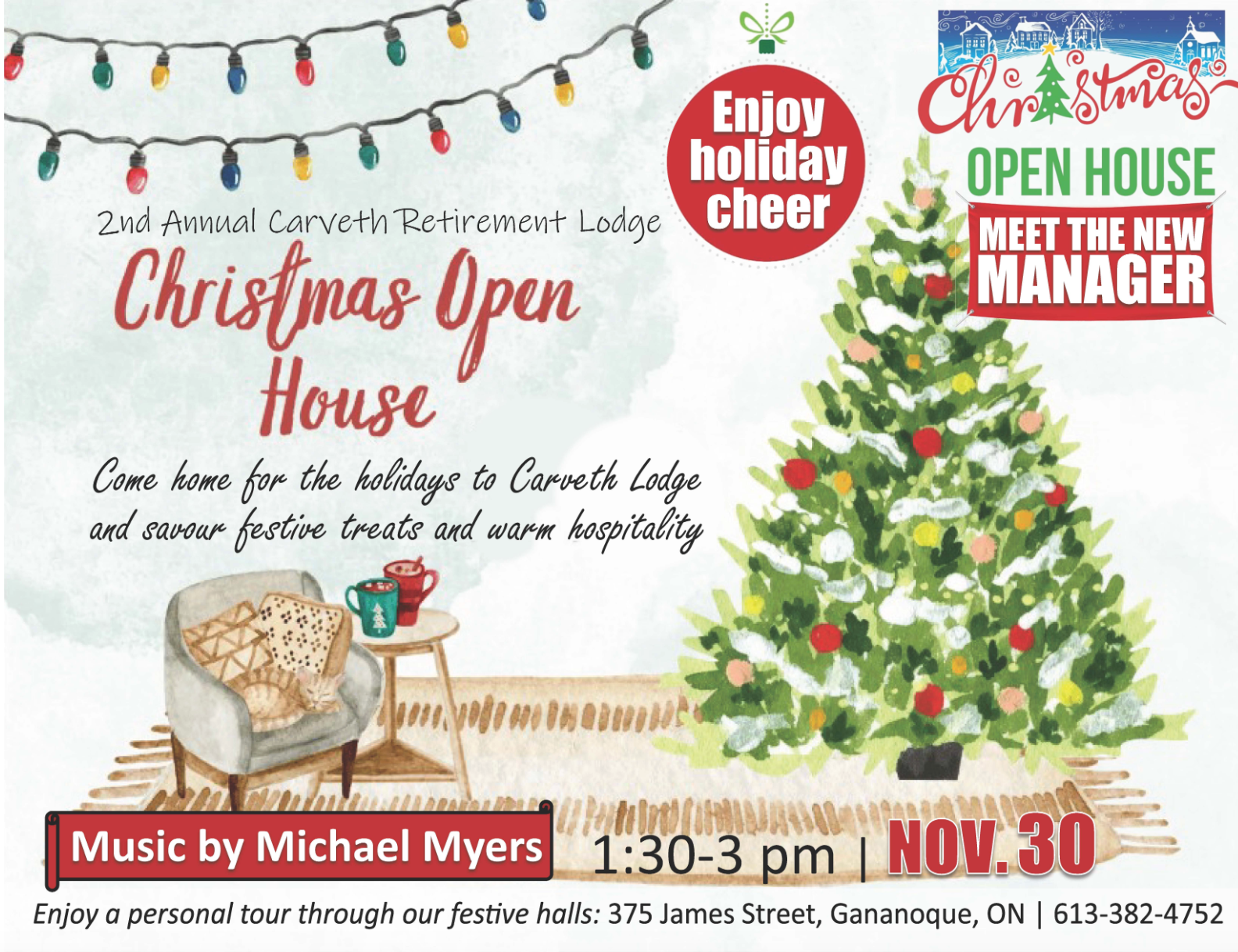 Christmas Open House flyer with decorated tree, gifts, holiday cheer, and event details for Nov. 30 at 1:30 pm