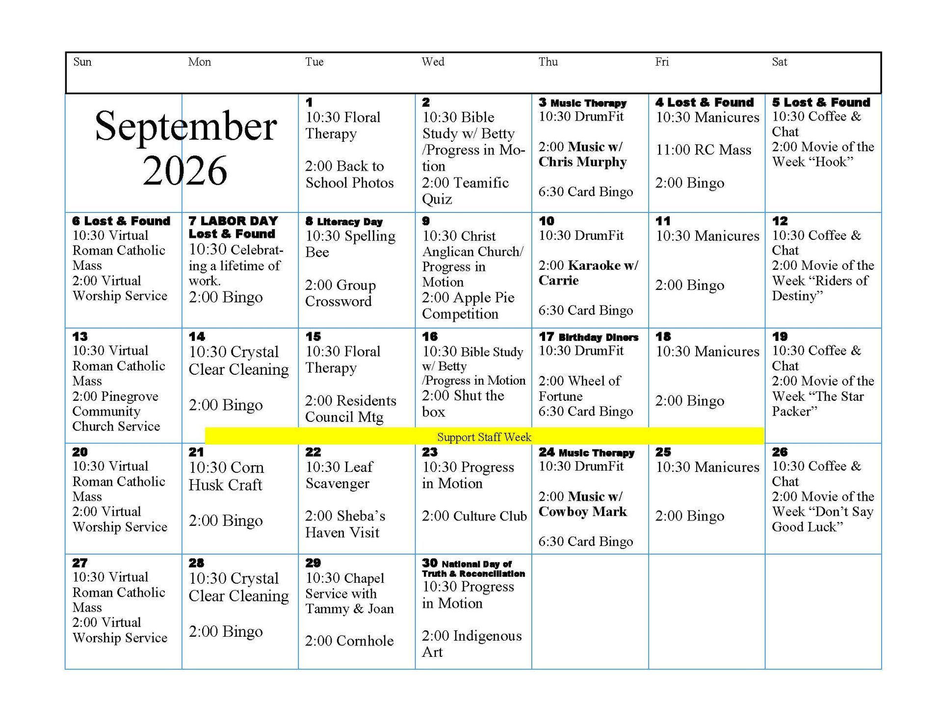 May 2026 monthly calendar with pink header and densely filled event notes.