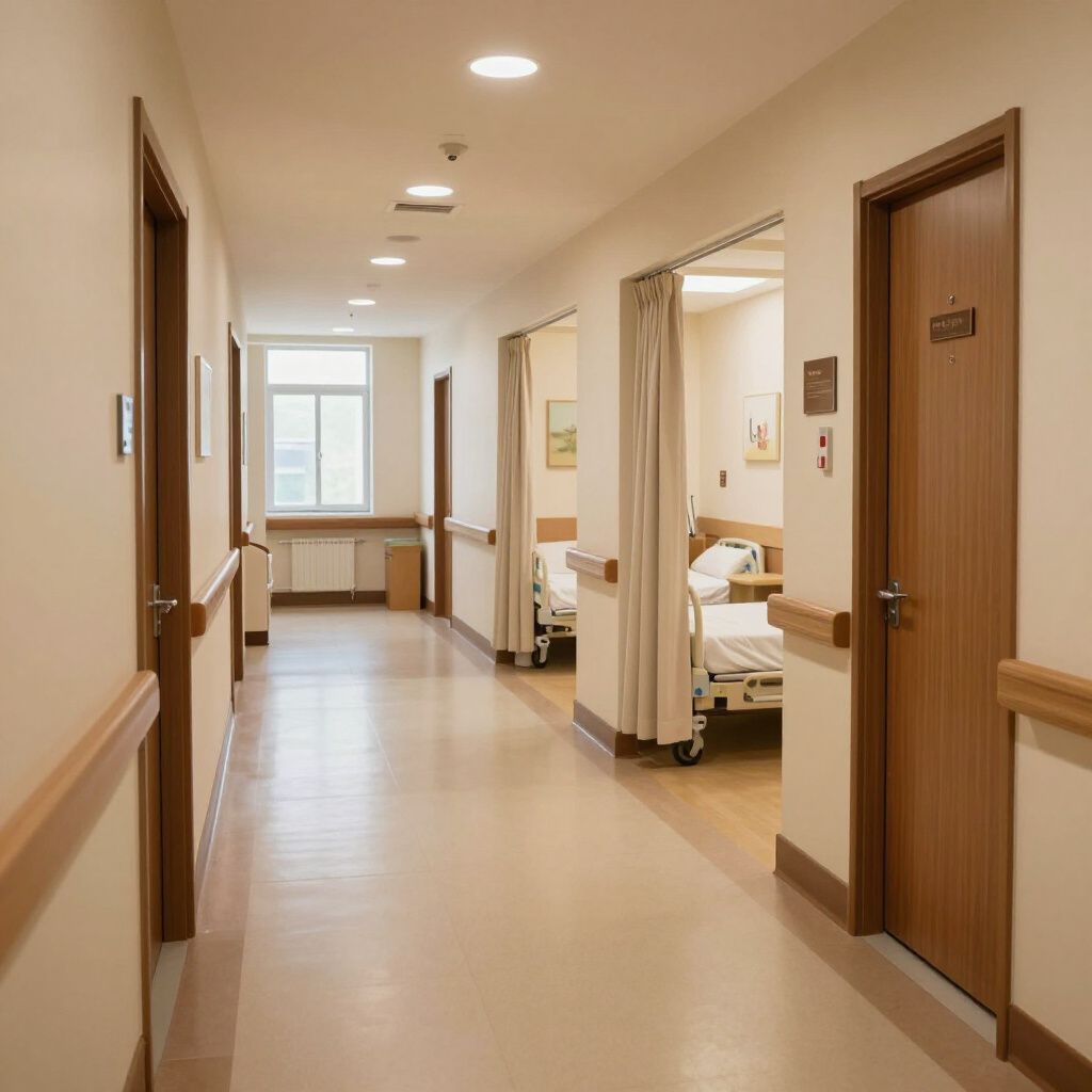 Bright hospital corridor with patient room doors and a bed visible through an open doorway.