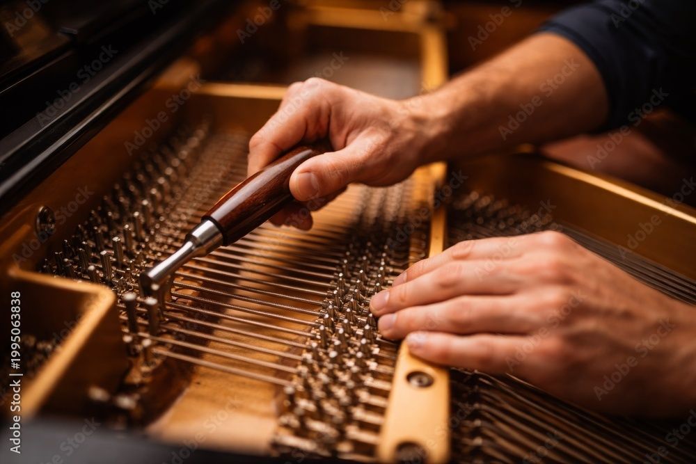 Piano technician tuning grand piano strings with tuning hammer closeup of hands and tool.
