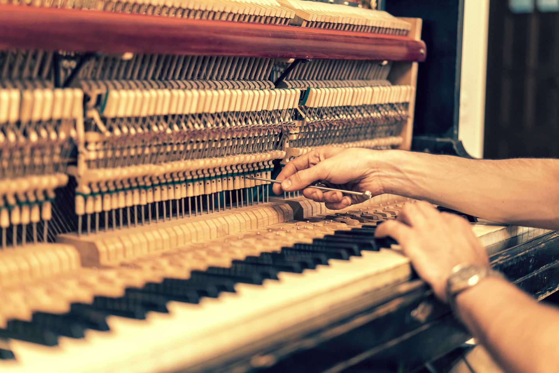 The hands of a master repairing an old piano with a tool.