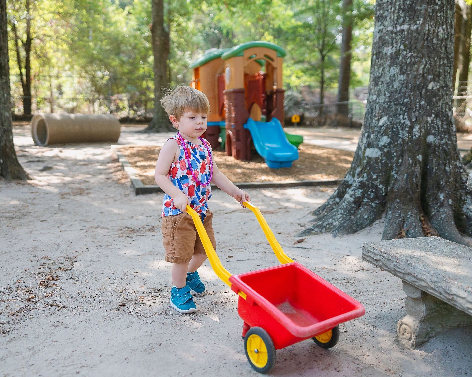 Child pulling a red wagon in a wooded playground beside a blue slide
