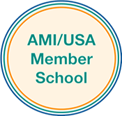 AMI/USA Member School emblem; teal text on cream background, circled by orange and blue rings.
