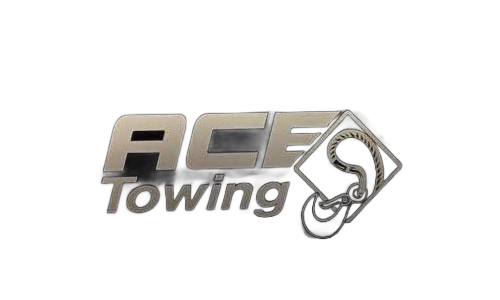 Silver ACE Towing logo with a stylized tow hook on a white background.