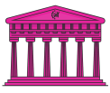 Icona di un edificio classico rosa con colonne e frontone triangolare