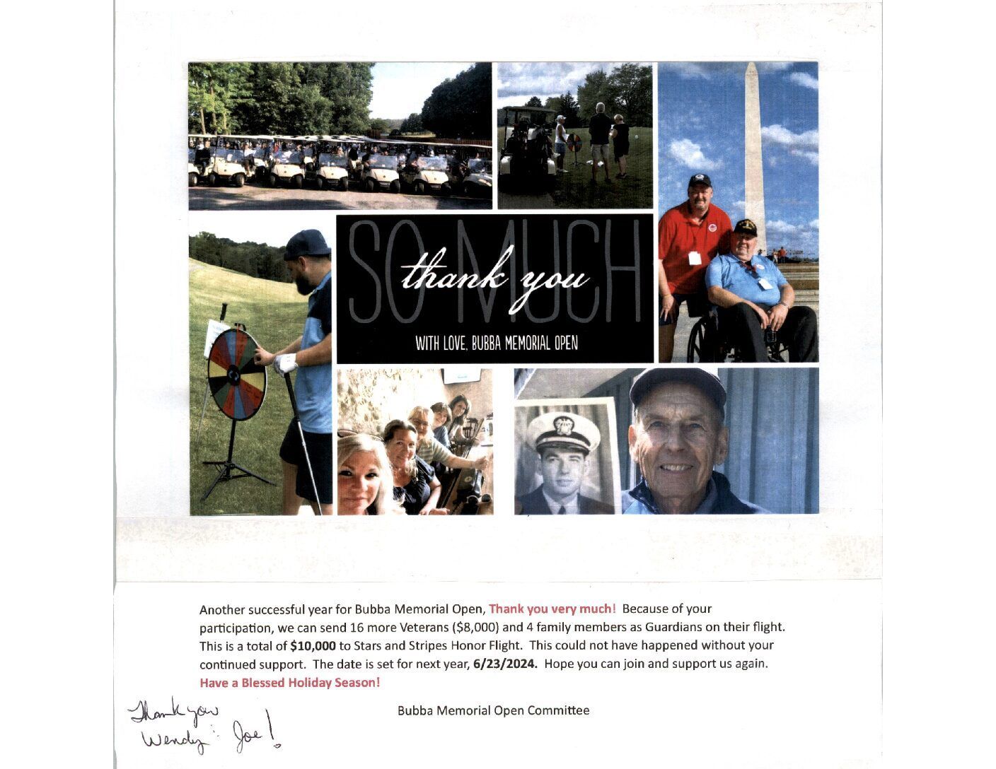 Thank you card with photos of veterans, golf, and Washington Monument. 