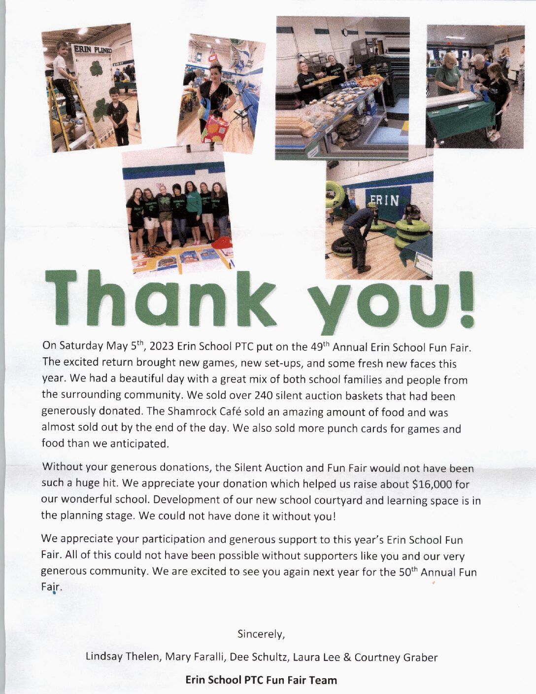Thank you card from an organization with photos of volunteers; text in green; text in black.