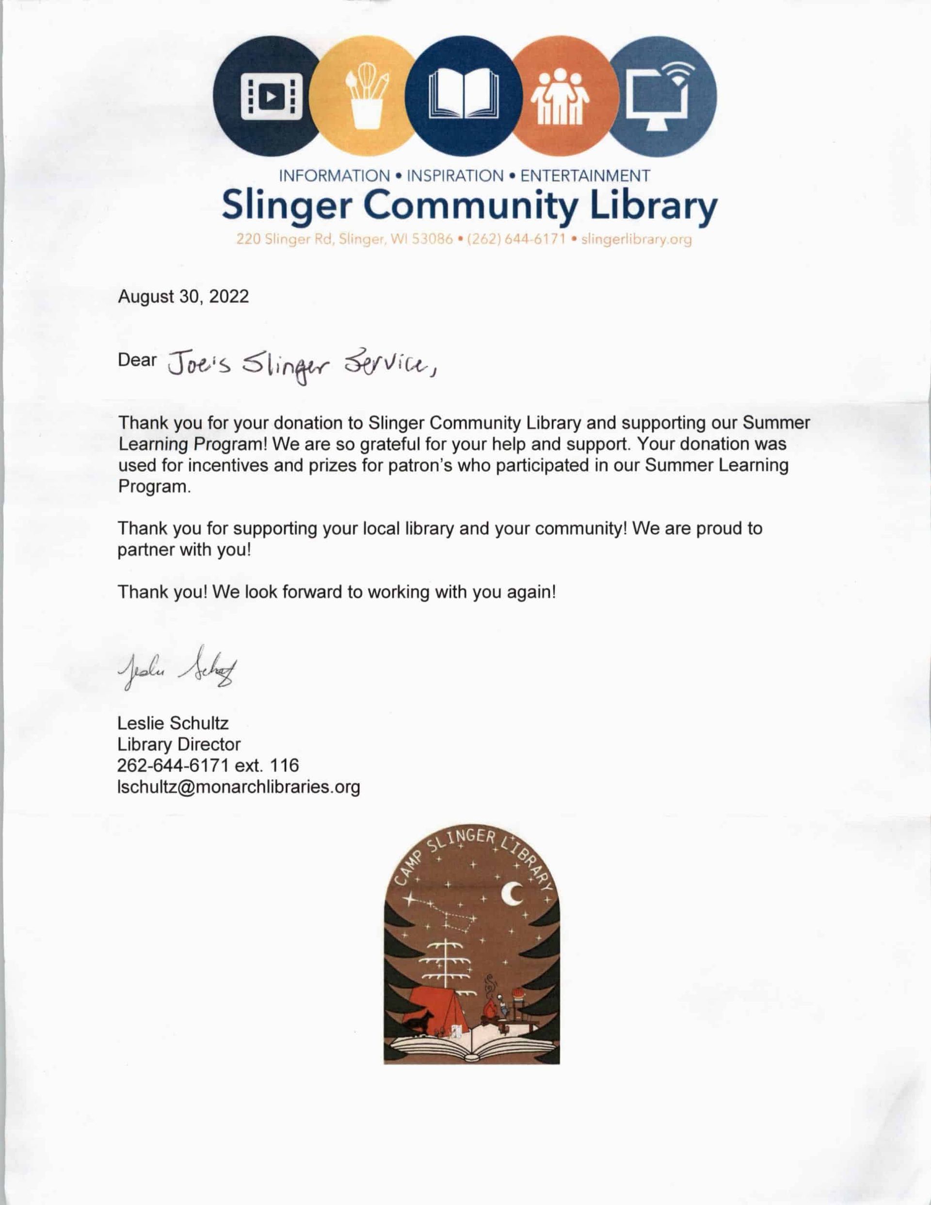 Letter of thanks from Slinger Community Library for a donation, with library logo and signature.