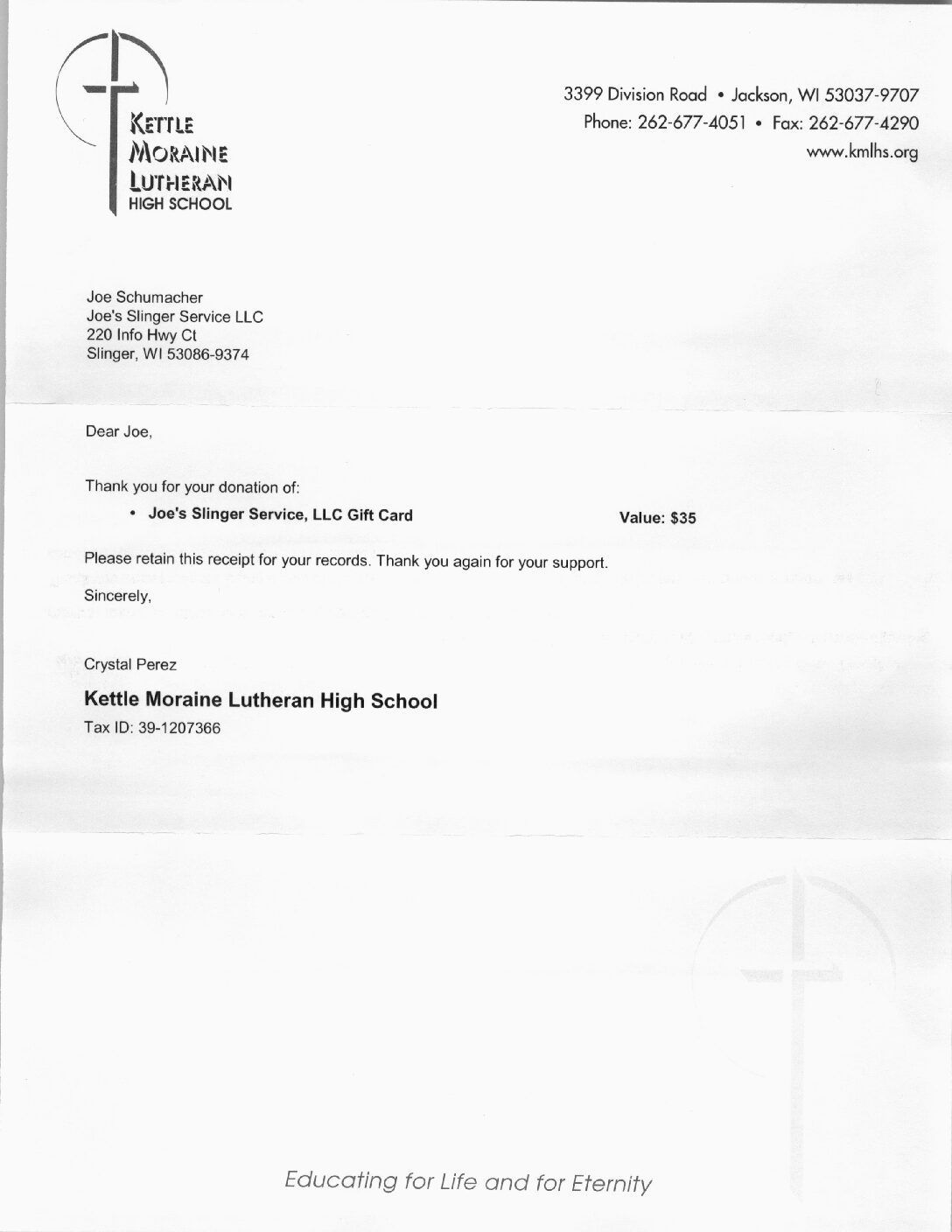 Letterhead from Kettle Moraine Lutheran High School; letter to a person.