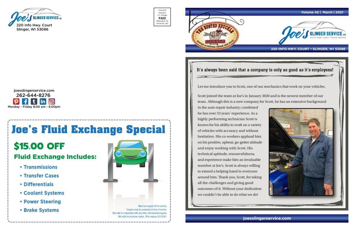 A two-page flyer from Joe's Automotive. Fluid exchange special ($15 off) and a promotional message.