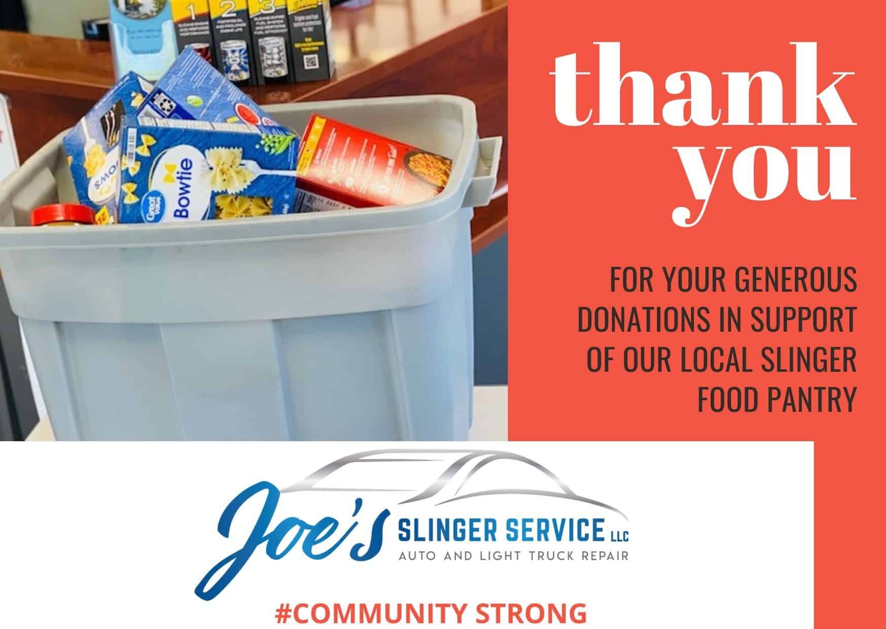 Thank you sign with a bin of food. Joe's Slinger Service logo. Text reads, 