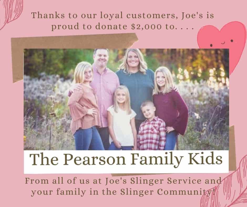 Family photo, pink background, and heart. Donating $2,000 to 