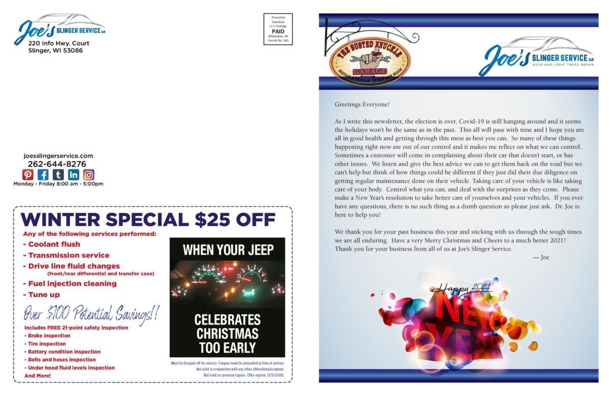 Advertisement from Joe's Garage offering winter special for Jeep repairs, includes text and colorful design.