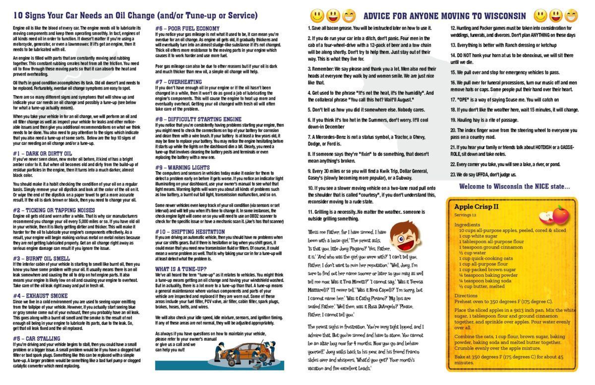 Two-page printout with text lists about how to have a good time and some jokes. At the bottom is a medication label.
