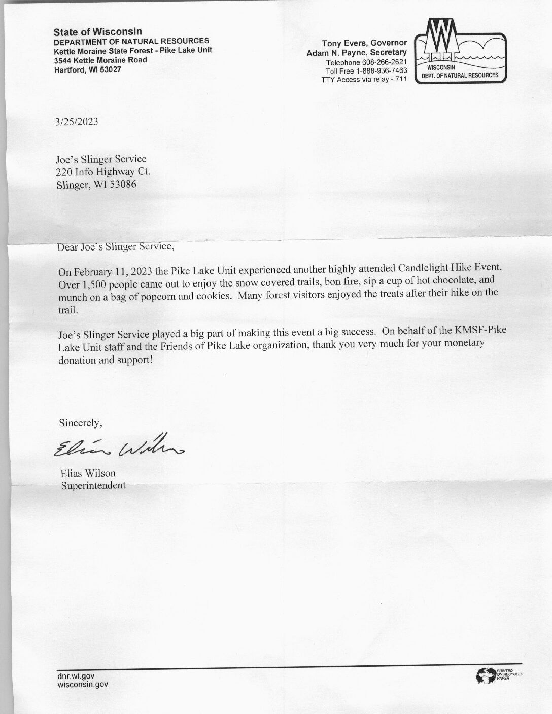 A letter on official letterhead from Wisconsin regarding a project. Signed by Ellen F. Volkening.