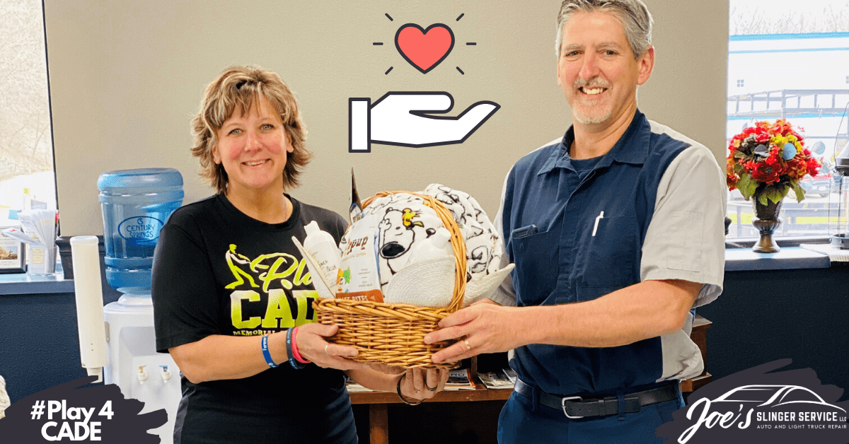 Two people holding a basket with gifts; an icon of a heart and hand above.