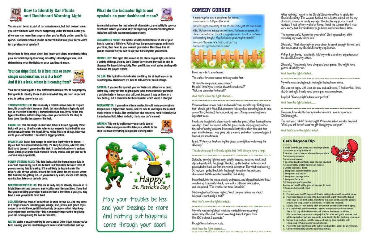 Tri-fold document with text on wellness, a leprechaun, and a crab, green, blue, and yellow highlights.