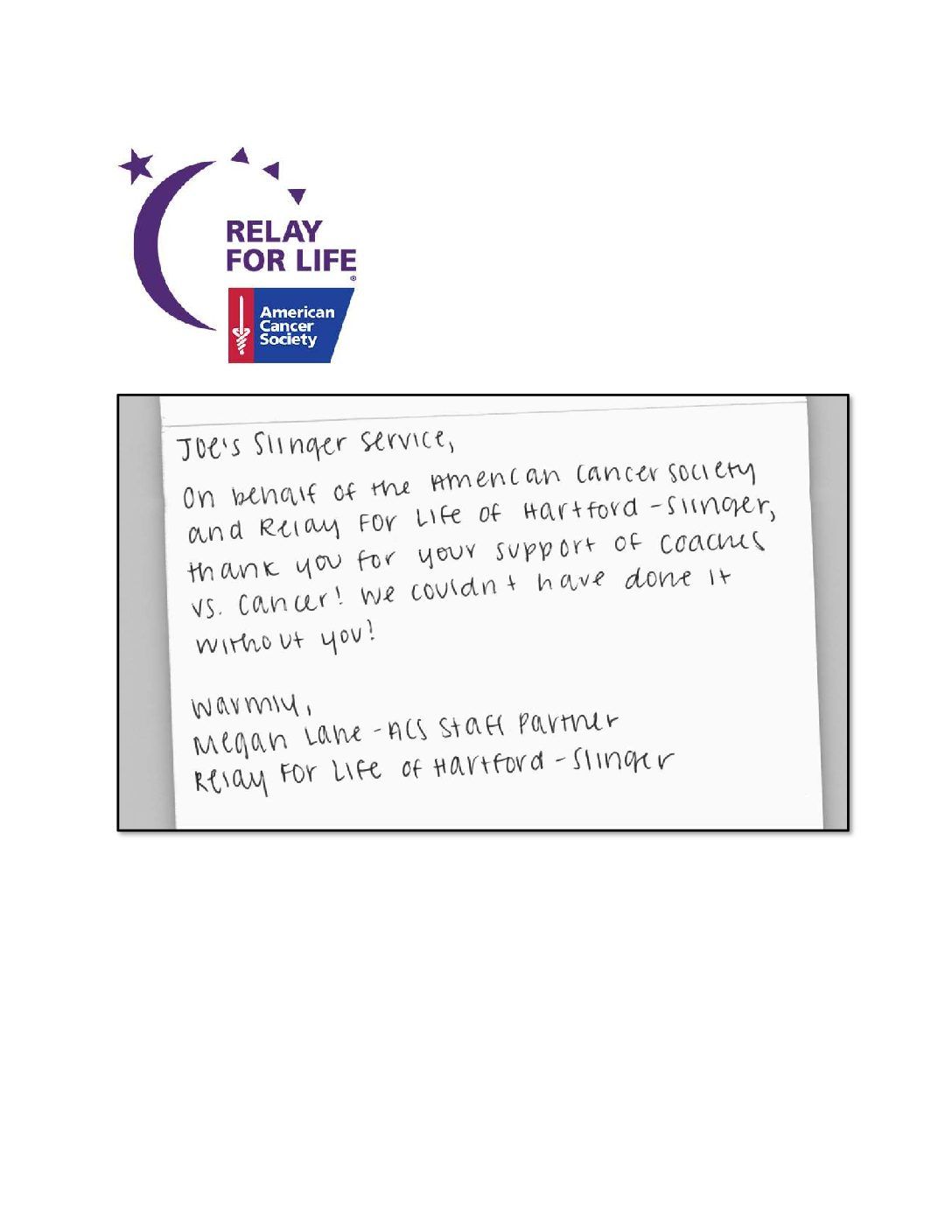 Letter thanking a donor for supporting Relay for Life, with event logo at the top.