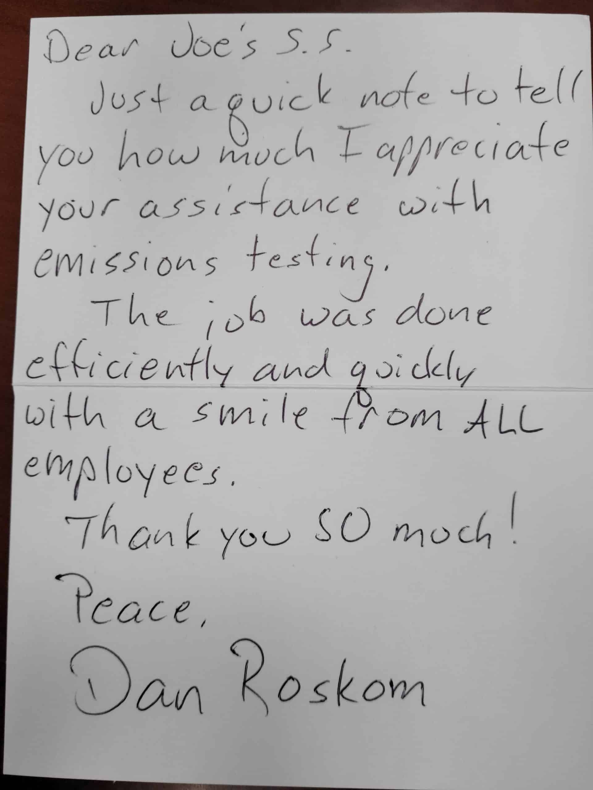 A handwritten thank-you note from Dan Roskom to Joe's SS for assistance | Joe's Slinger Service, LLC