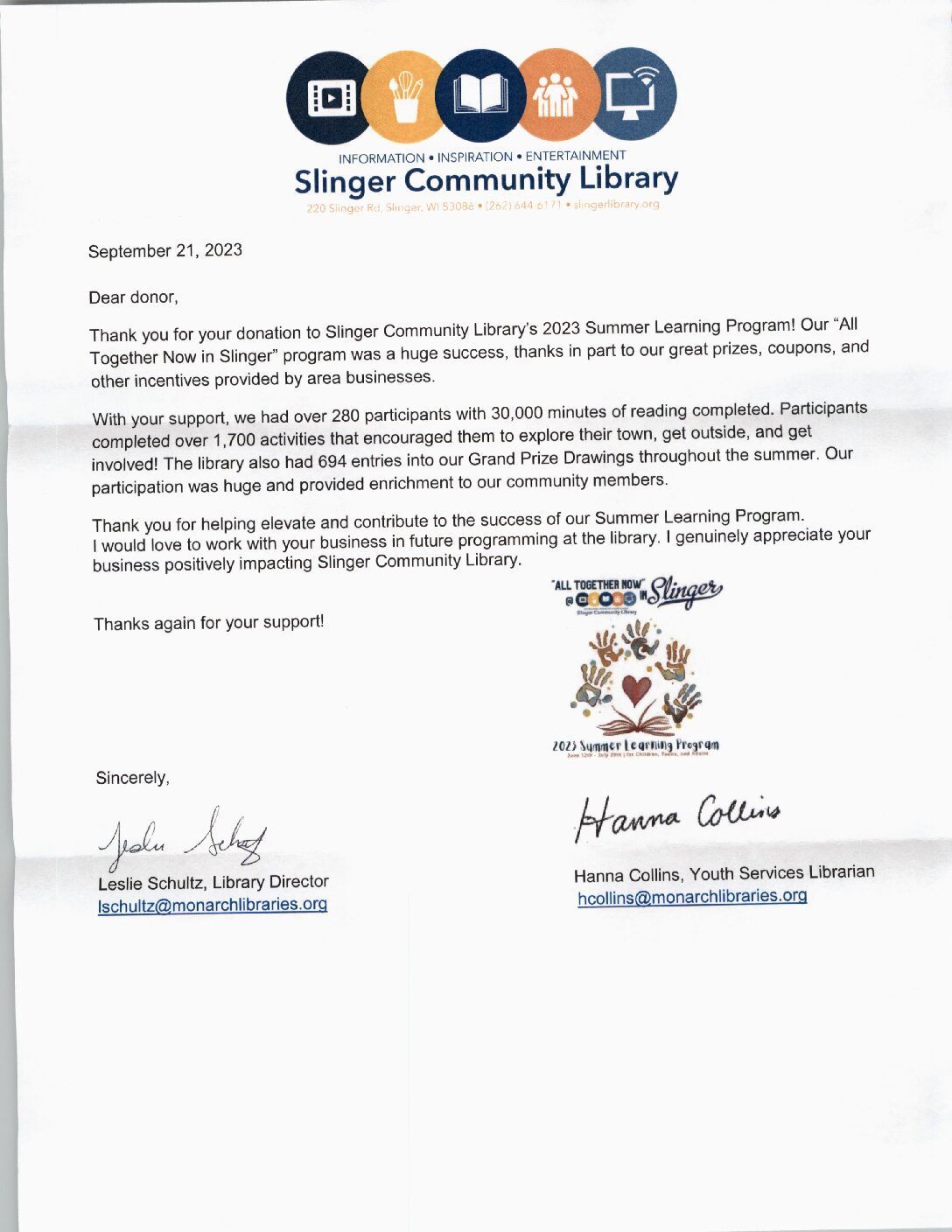 Letter from Slinger Community Library, thanking for program participation.