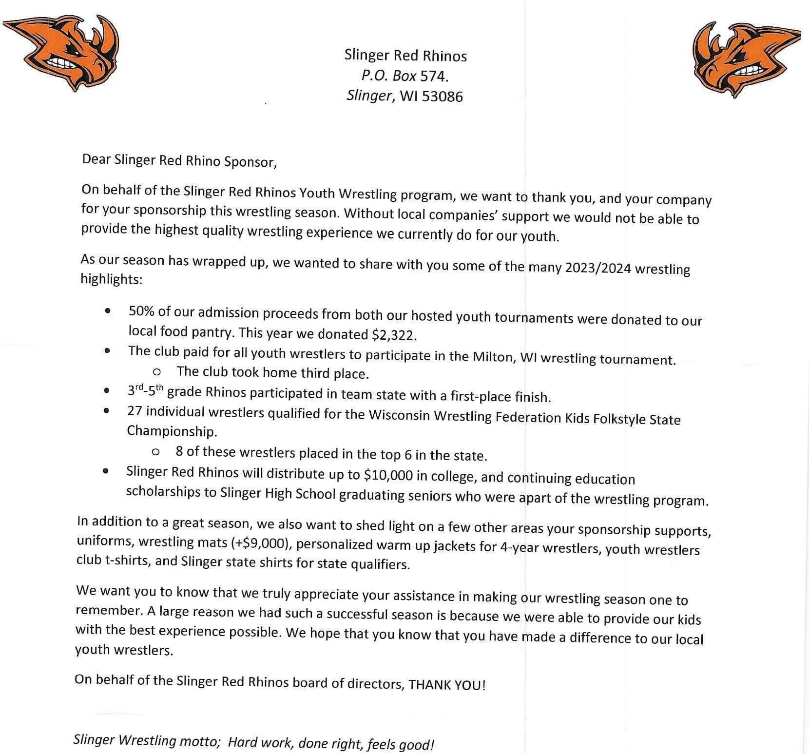 Letter from Singer Red Riders wrestling program, includes statistics and thanks.