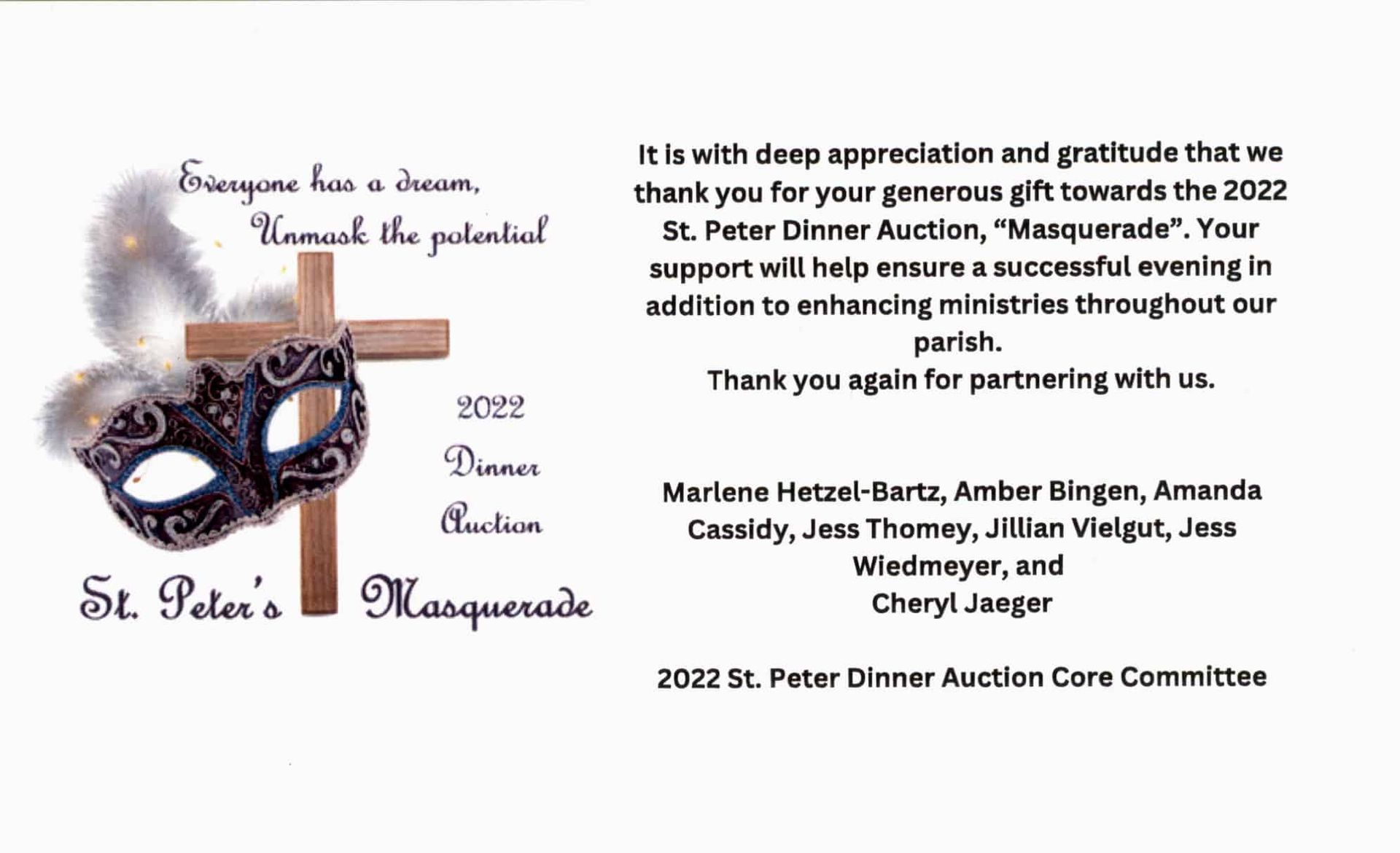 Thank you note for a St. Peter's Dinner Auction. Includes a mask, cross, and names of the core committee.