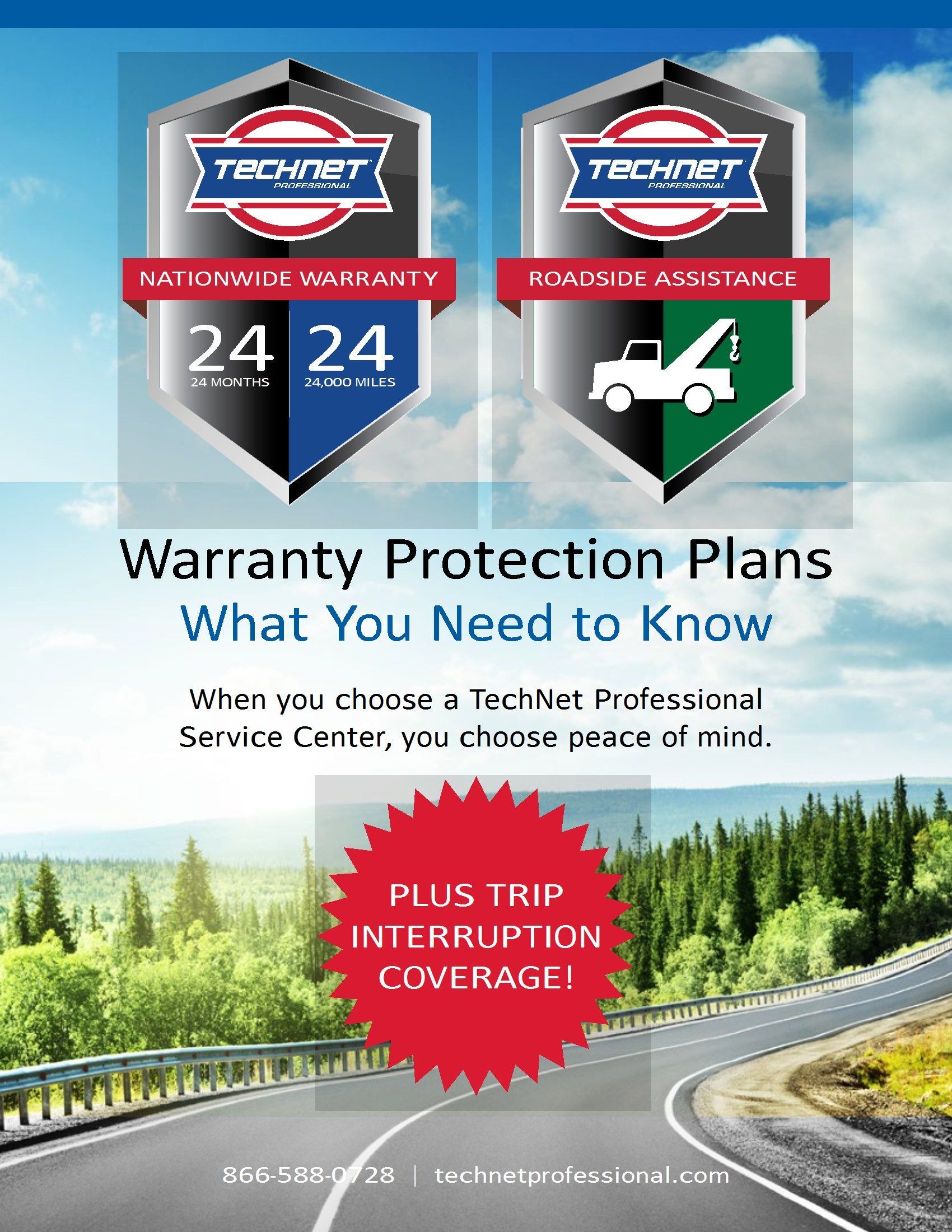 Warranty protection plans advertisement with TechNet logos, featuring roadside assistance and trip interruption coverage.