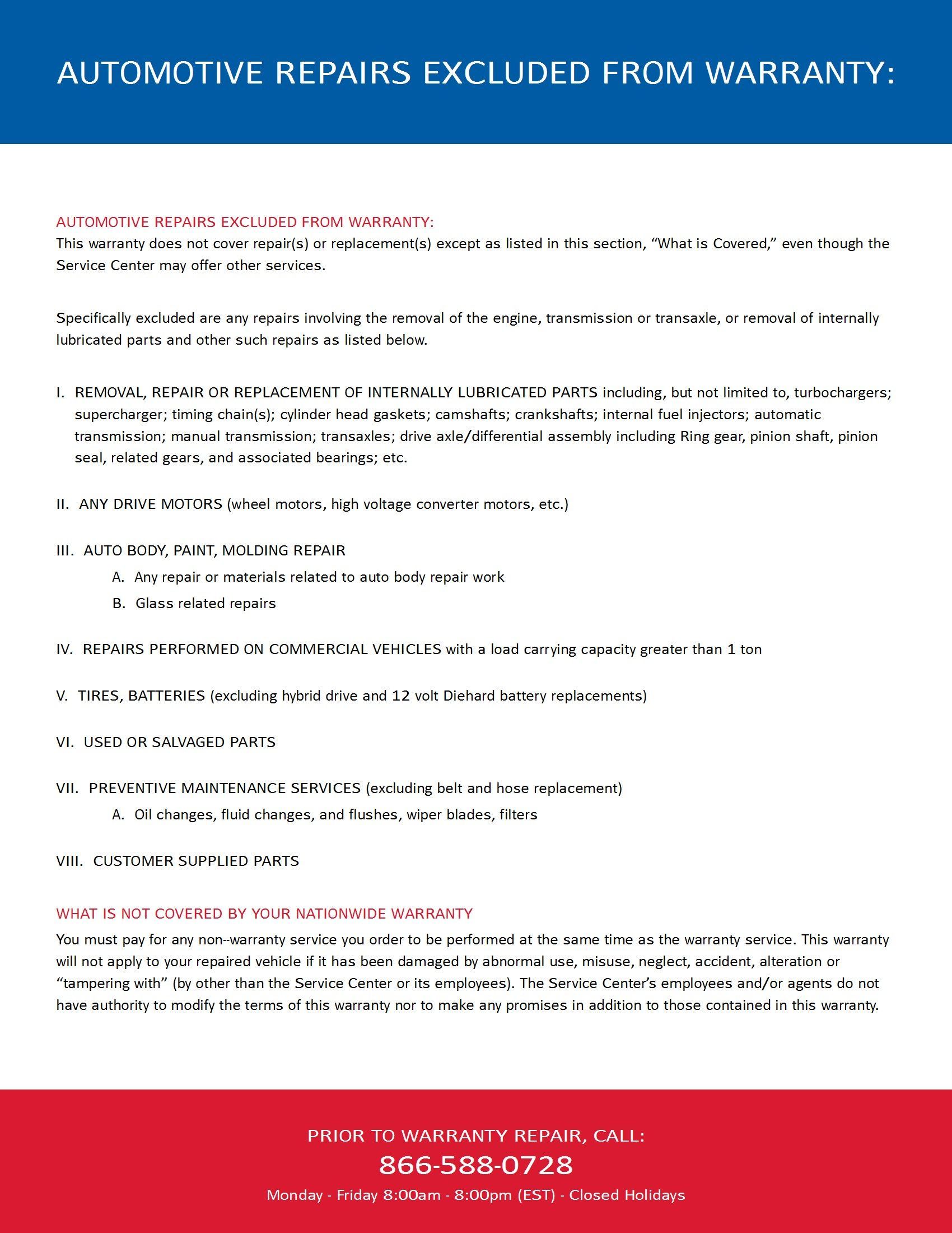 Text on automotive repairs excluded from warranty, with contact info at the bottom.