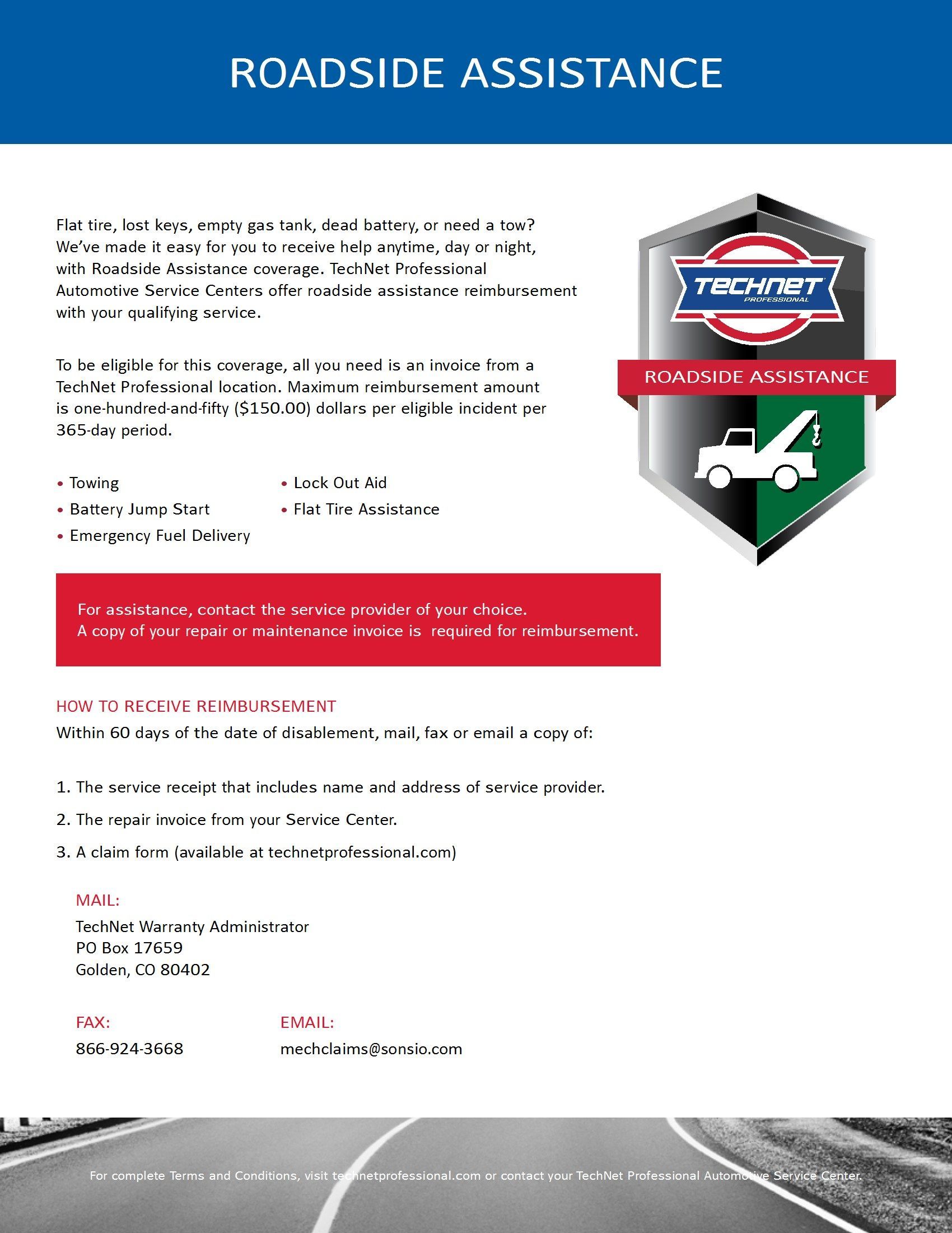 Roadside assistance details with logo, red and black.