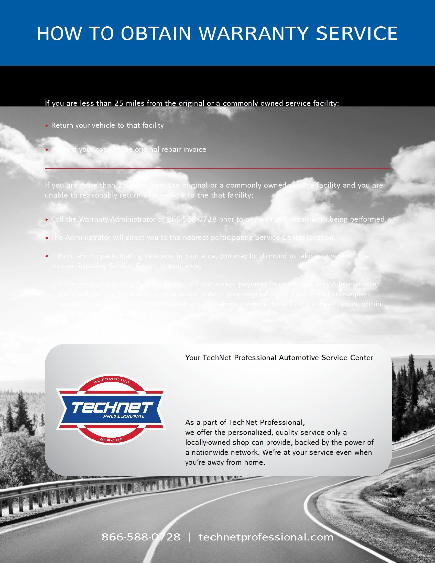 Guide on how to obtain warranty service. A brochure with a highway scene, logo, and contact information.