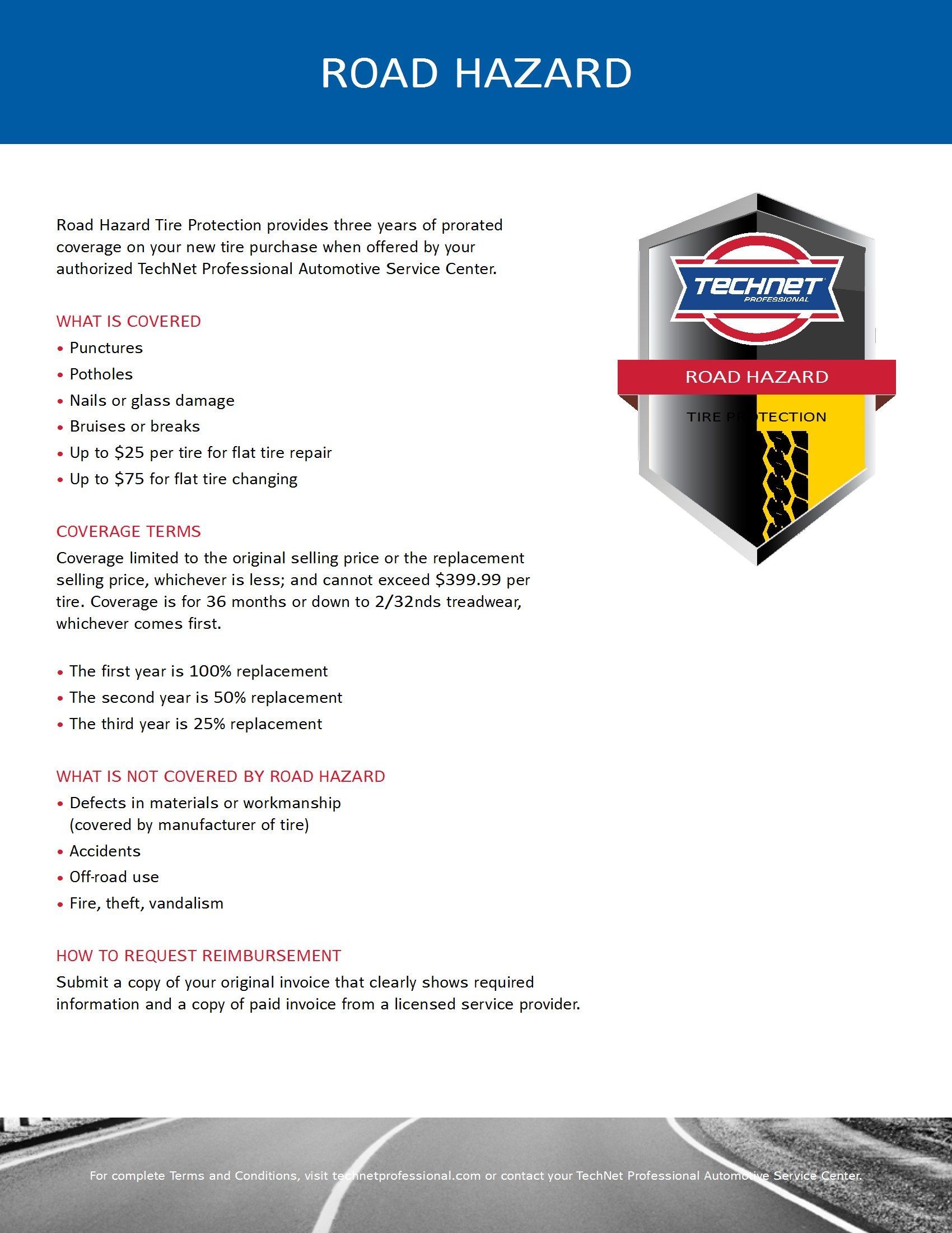Road hazard safety information with a company logo and road image.