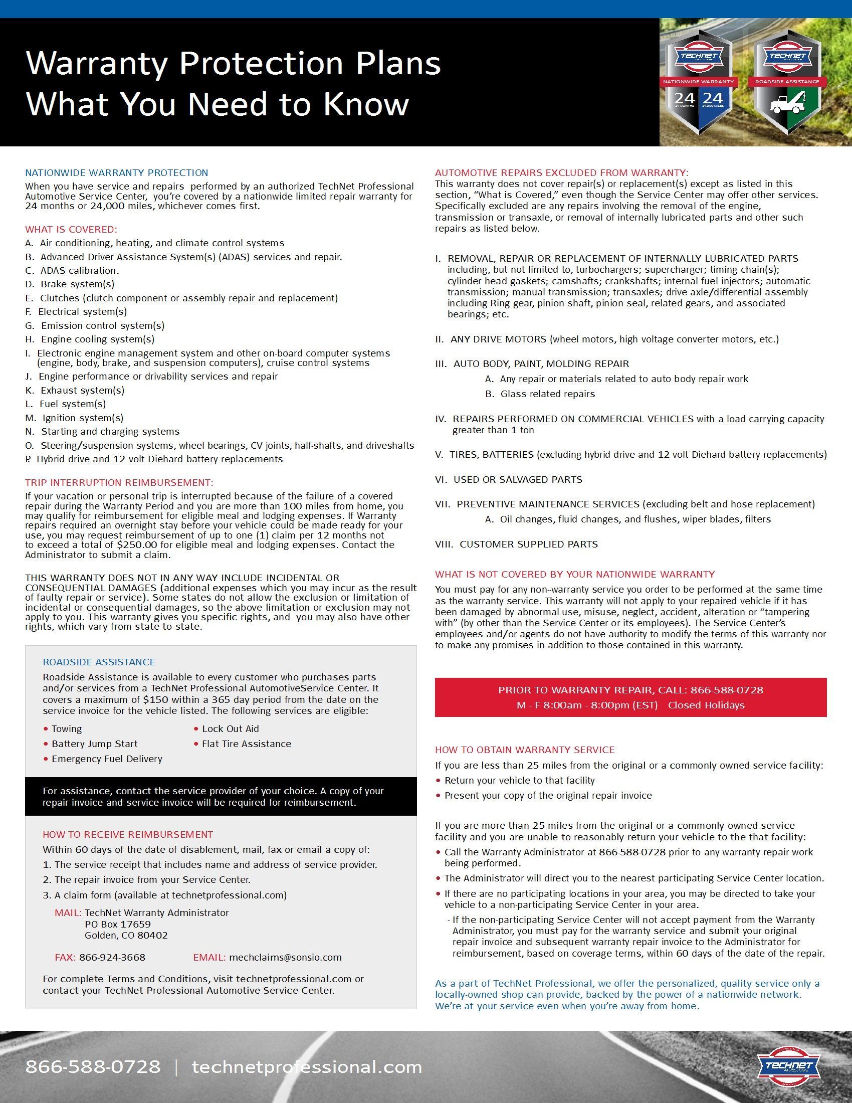 Warranty Protection Plans guide with text content in a white, blue, and red layout.