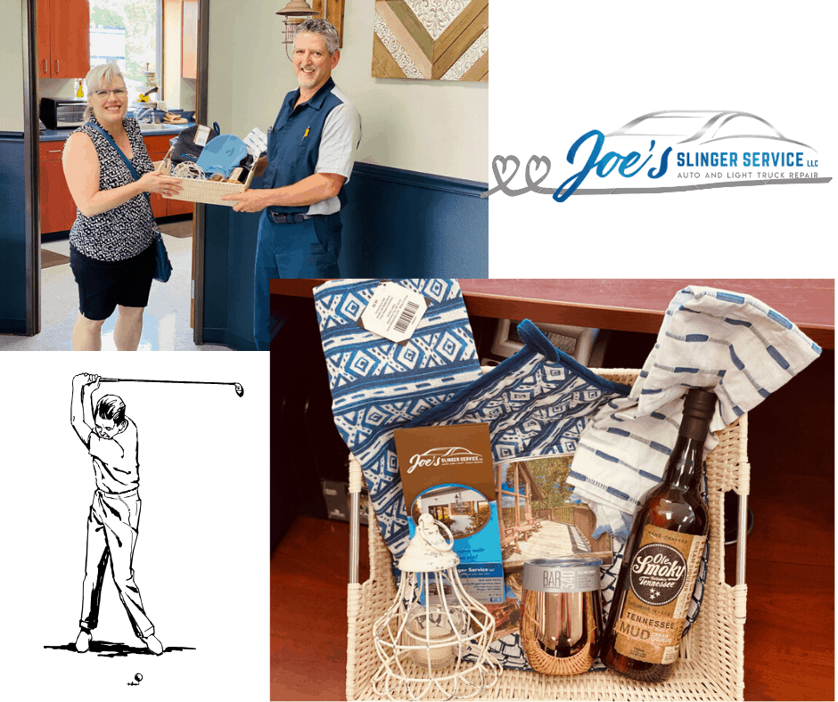 Woman receiving a gift from a man in a kitchen, basket of items, golf illustration, and Joe's Bumper Service logo.