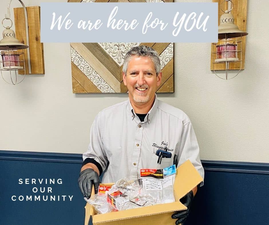 Man smiling, holding a box of supplies, “We are here for YOU” text above. 