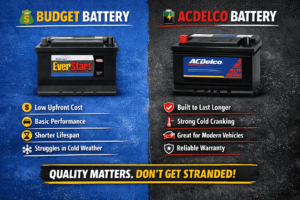 Comparison of budget (Everstart) and ACDelco car batteries, highlighting features.