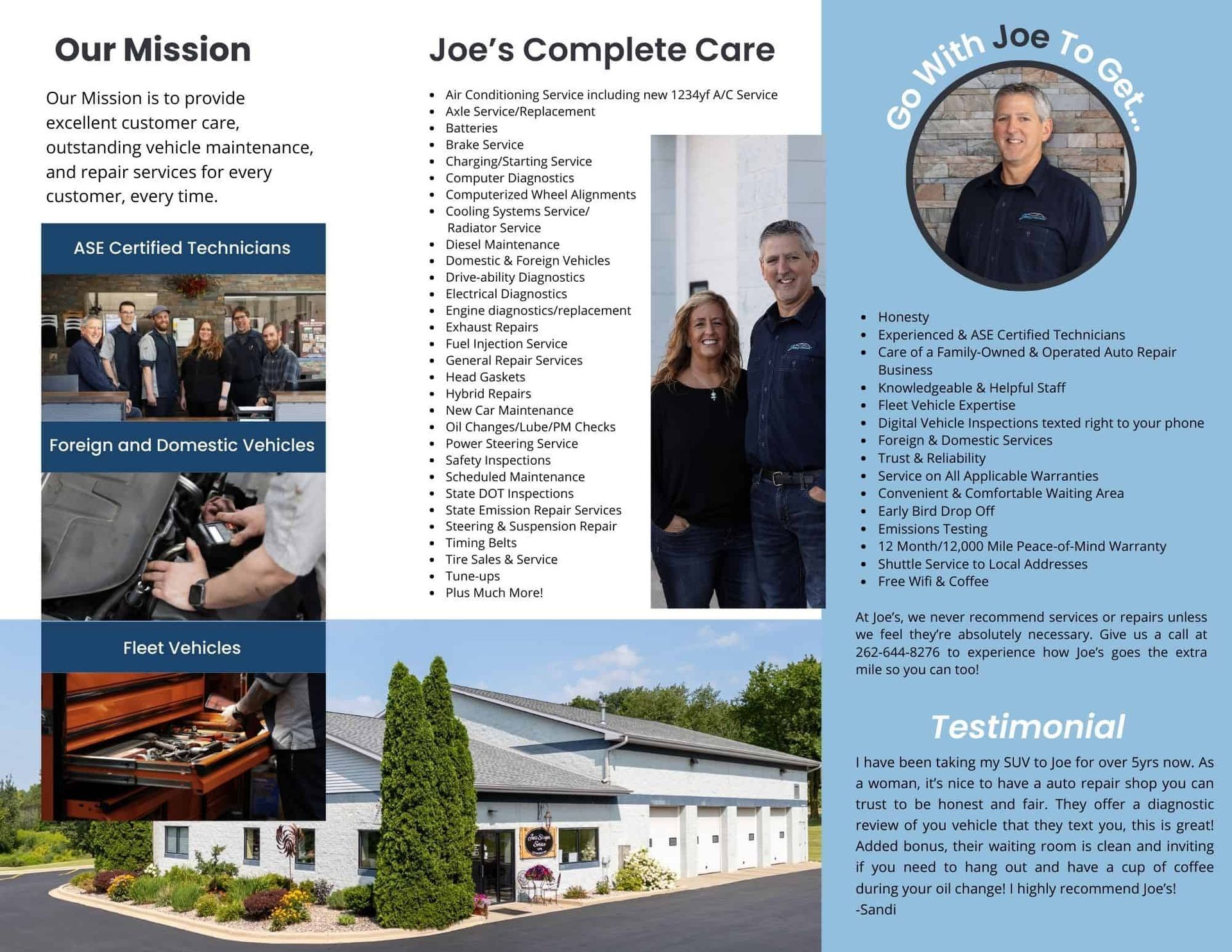 Brochure for Joe's Complete Care auto shop, including a photo of the owners, and descriptions of their services.