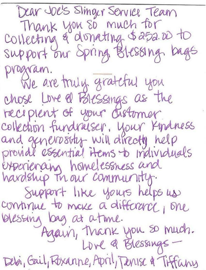 Handwritten thank-you note on lined paper, thanking a service team for support and kindness | Joe's Slinger Service LLC