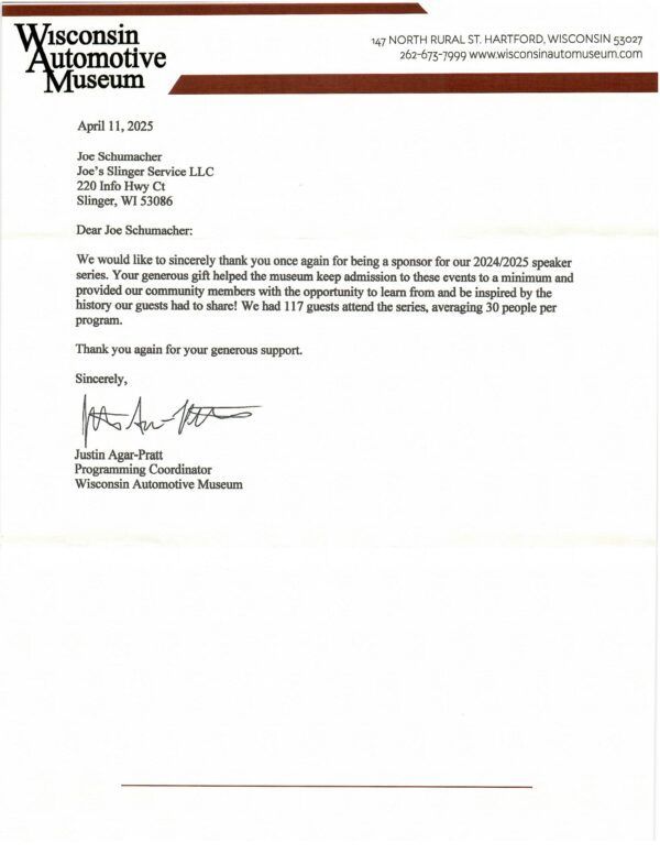 Letter thanking a sponsor, Wisconsin Automotive Museum logo at the top.