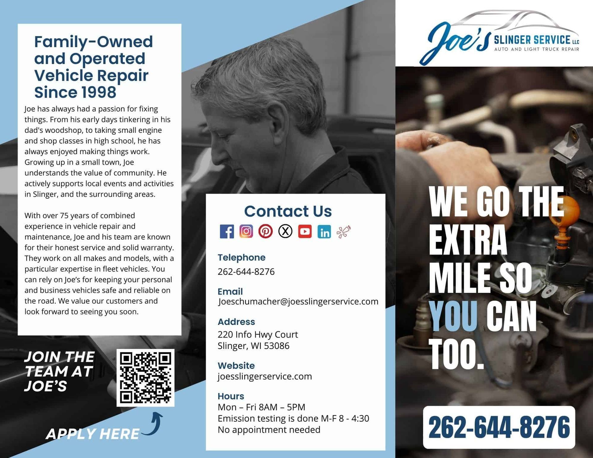 Brochure for Joe's auto repair, with text and a mechanic working on an engine. Contact information included.